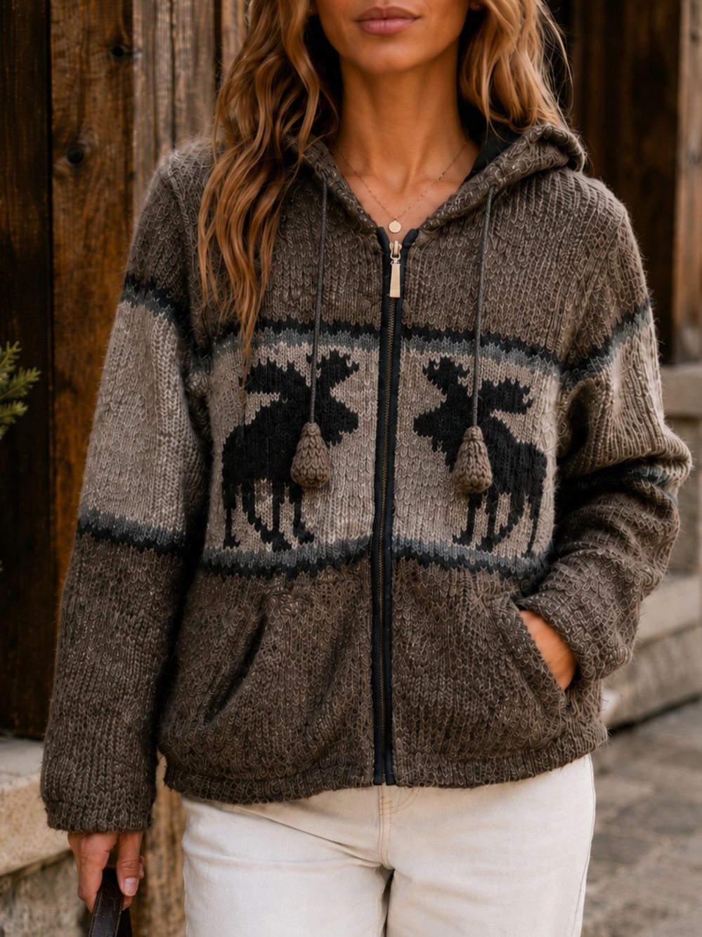 Kyber Outerwear Wool Jacket Zip Hoodie Moose Graphic Brown Small